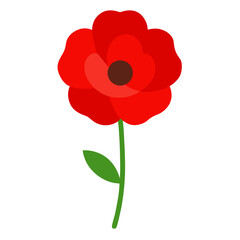 Flat illustration of a bright red poppy flower with a green stem and leaf on a white background