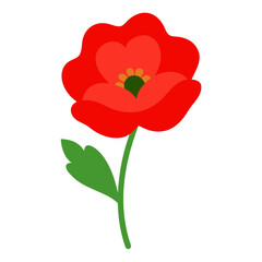 Simple red poppy flower illustration with a green stem and leaf on a white background.