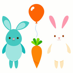 Two cute bunnies standing next to an orange carrot tied to a bright orange balloon