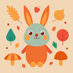 Cute cartoon rabbit surrounded by colorful autumn leaves and mushrooms in a flat illustration style