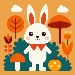 Cute white rabbit wearing a red bow tie standing in a whimsical autumn forest with mushrooms
