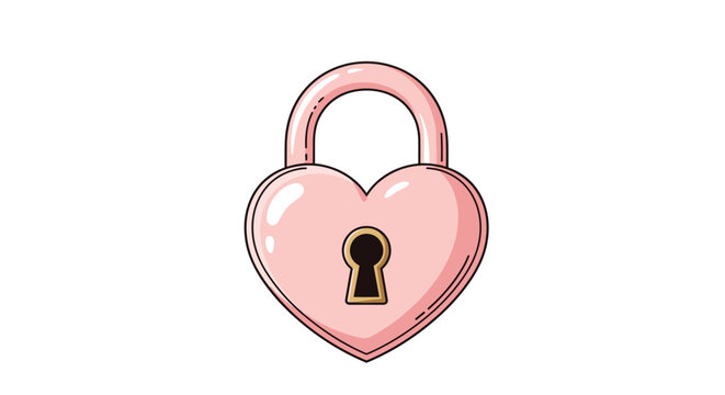 Cute cartoon illustration of a pink heart-shaped padlock with a golden keyhole representing love and security.