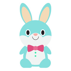 Fototapeta premium A bright blue cartoon bunny with a pink bowtie and green buttons sits on a white background.