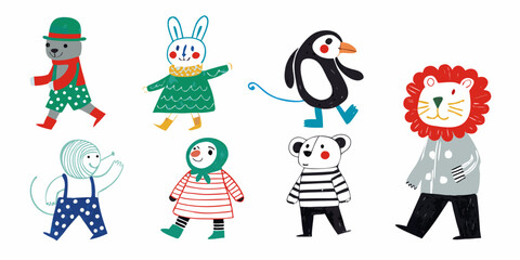 Fototapeta premium Charming illustrations of whimsical animals dressed in colorful patterned clothing
