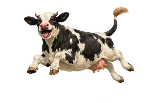 Holstein cow jumping with joy, smiling, running, and playing, concept of happiness, energy, and freedom on transparent background