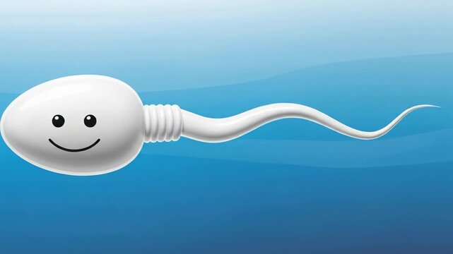 Happy Sperm Cell Swimming on Blue Background, Fertility Concept, 3D Animation