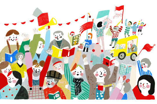 A cheerful illustration depicts a lively parade with music and celebration