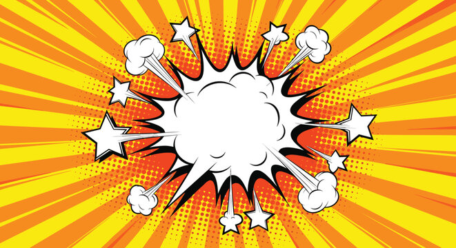 Dynamic comic book explosion with a large white cloud in the center surrounded by black outlines and yellow sunburst.