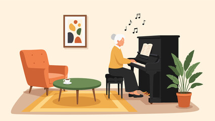 Vector illustration of an elderly person playing piano in a cozy living room with furniture and plants © Vector