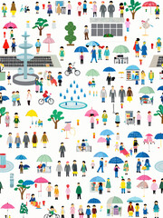 Fototapeta premium A colorful densely populated urban park scene with people and umbrellas