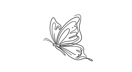 Fototapeta premium Minimalist continuous line drawing of a graceful butterfly in flight using simple black lines on a white background.