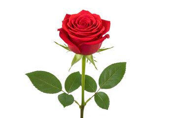 Fototapeta premium A single vibrant red rose with lush green leaves isolated on transparent background