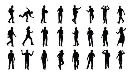 Fototapeta premium Diverse group of people performing various dance moves in silhouette isolated on white background, Vector