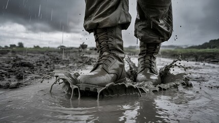 Naklejka premium A person in combat boots steps through a puddle in muddy environment.
