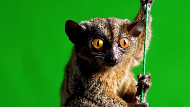 A small, wide-eyed tarsier with brown fur clings to a thin object against a vibrant green background, looking directly at the viewer.