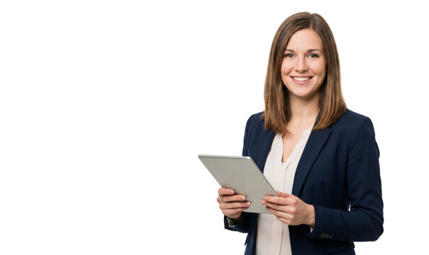 Portrait of a smiling young businesswoman holding a tablet, isolated on a white background, PNG
