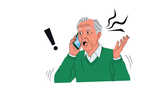 Surprised senior man talking on a mobile phone with an exclamation mark and a shocked facial expression in a green sweater.