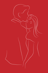 Romantic Minimalist One Line Couple Embracing on Red Background