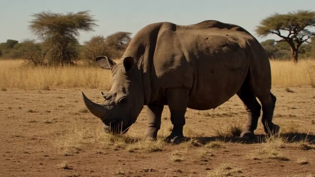 4K video of a rhinoceros walking in a savannah