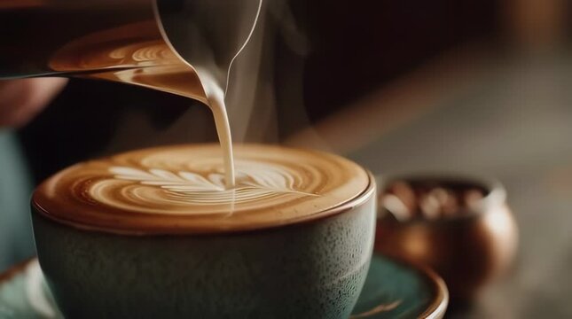 Steaming milk poured into latte art in a cup