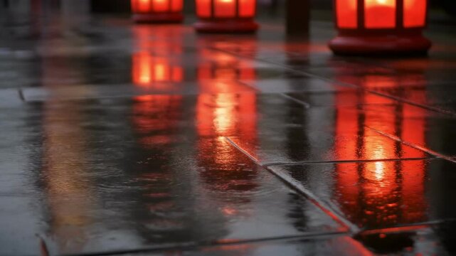 Row of red lanterns reflecting on wet pavement at dusk