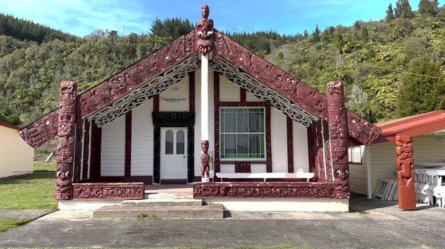 Beautifully wood carved Maori Marae temple, Punawhakareia Marae, Rotoiti Forest, History New Zealand