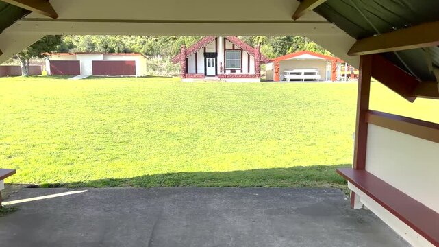 Entering to Punawhakareia Marae in Rotoiti Forest, New Zealand. Spiritual meeting place, Maori people.