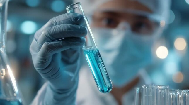 Scientist in protective gear examines blue liquid in test tube