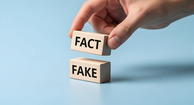 Hand placing a wooden block labeled fact on top of a block labeled fake
