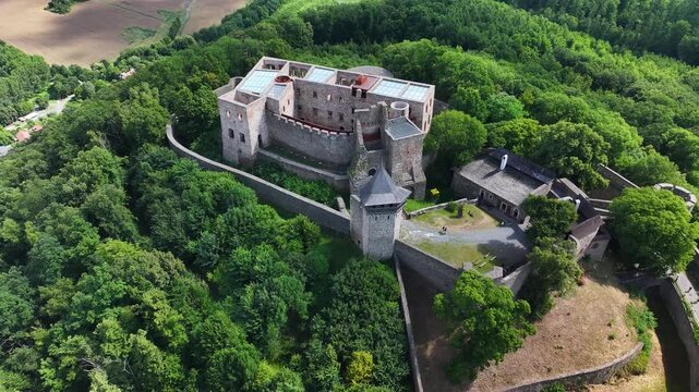 Aerial view of Helfstyn Castle on hill in Moravia, Czech Republic. Tourist attraction, history.