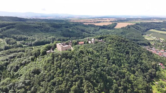 Helfstyn Castle, aerial wide panorama with rural landscape and landmark on hill. Czech Republic