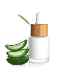 Close-up composition featuring a glass bottle with wooden top, aloe vera slices, and a vibrant green leaf
