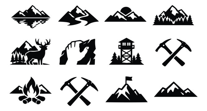 Simple glyph mountain and adventure icons set featuring peaks, deer, campfire, and ice axes for outdoor exploration
