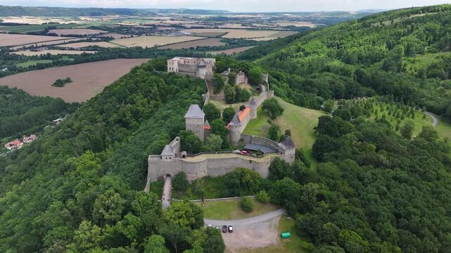 Helfstyn Castle, Tyn nad Becvou, Czech Republic. Aerial panoramic view of historical complex.