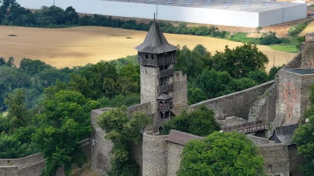 Drone close up to view Tower in Helfstyn Castle, Tourist Attraction, History. Czech Republic