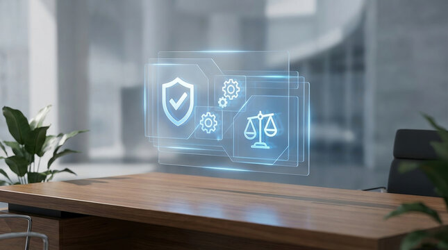 compliance security law regulation governance technology business professional legal scales and shield hologram interface on a modern office desk for risk management and ethics.