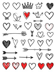 Collection of hand-drawn hearts, crowns, and arrows, showcasing various styles and designs. Ideal for romantic themes and decorative elements