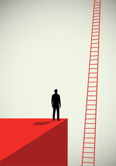 Silhouette of a man standing on a red cliff looking up at a tall red ladder