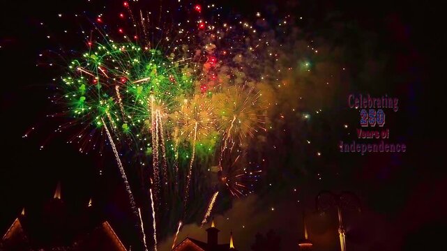 Fireworks light up the night sky as people gather to celebrate 250 years of independence. Bright colors explode above buildings, showing joy and unity in the city.