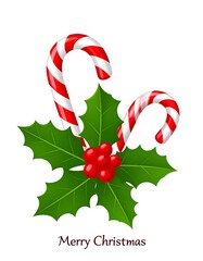 Festive illustration featuring two candy canes, holly leaves, red berries, and "Merry Christmas" text. All elements on a clean white backdrop