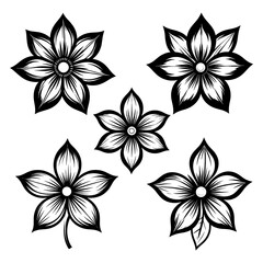 Five stylized floral elements in a black and white design, each with pointed petals and a central circular core