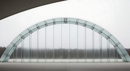 Obraz premium Modern glass arch bridge over serene waterway, showcasing sleek architecture and tranquil surroundings in a misty landscape.