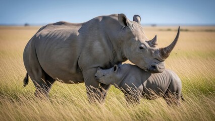 Obraz premium Rhinoceros with Calf in Savanna Grassland.