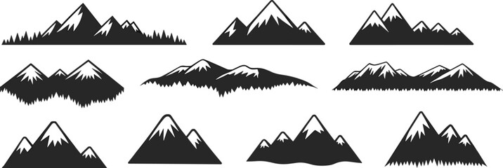 Black and white of various mountain ranges with snow capped peaks and forested bases mountains