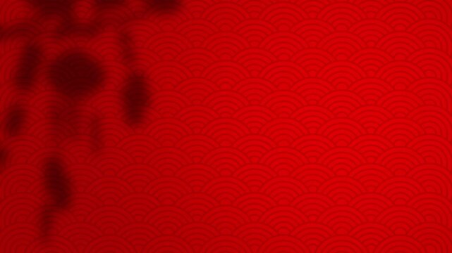 Decorative loop animation of a Chinese lantern silhouette swinging with wind motion over a vibrant red ornamental asian pattern background. Concept of chinese new year celebration banner template.