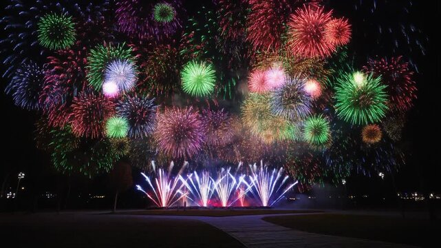 4K video of colorful fireworks exploding in the night sky