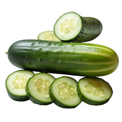 Fresh green cucumber whole and sliced on black background