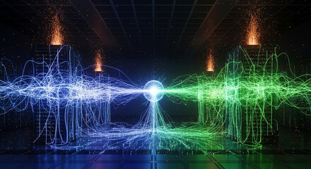 Obraz premium Vibrant Light Waves and Electric Sparks in Dynamic Digital Art Scene.