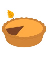 Illustration of a pumpkin pie, missing a slice, decorated with an autumn leaf. Warm colors dominate