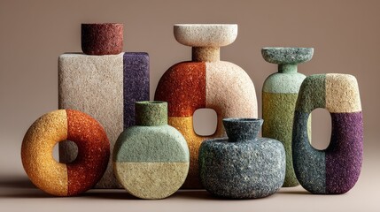 Modern handmade ceramics with bold shapes, minimalist artistic design, pastel matte textures, playful experimental forms, Scandinavian and Japanese fusion for trendy apartments.